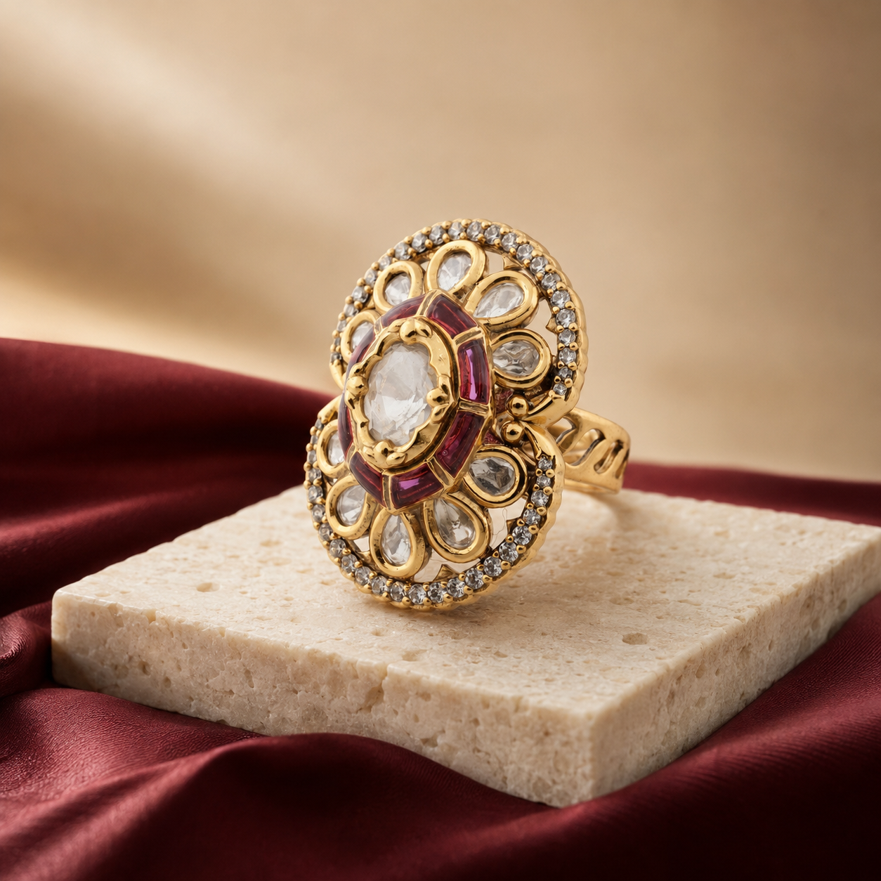 Ishita double-floral statement ring with white stones and clear borders
