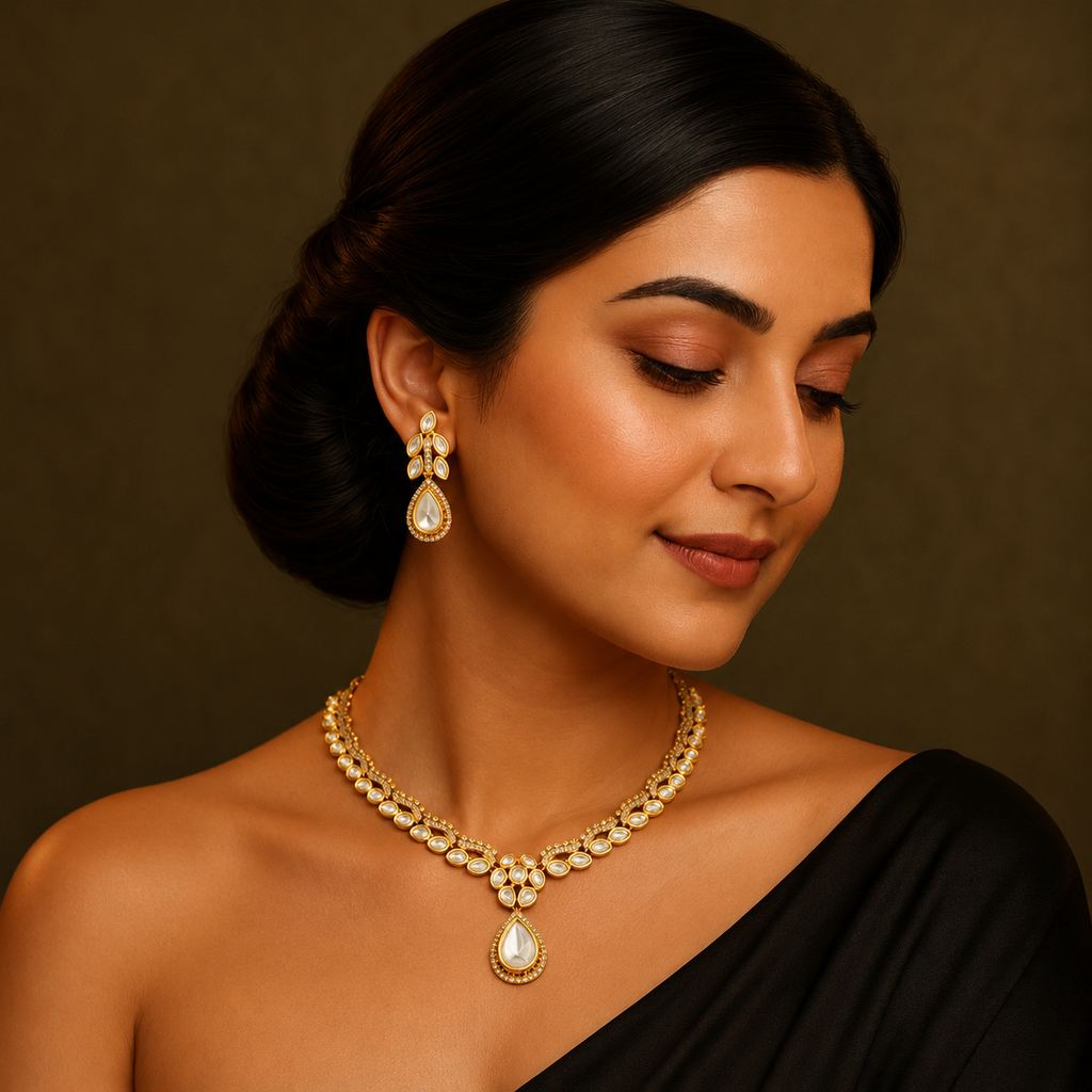 Model wearing Ishvika gold diamond-look necklace set with matching teardrop earrings
