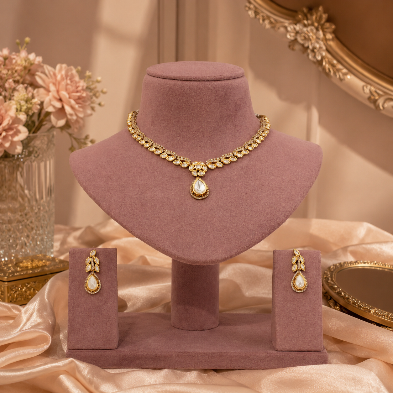 Gold-tone imitation jewellery set with clear teardrop centrepiece and matching earrings