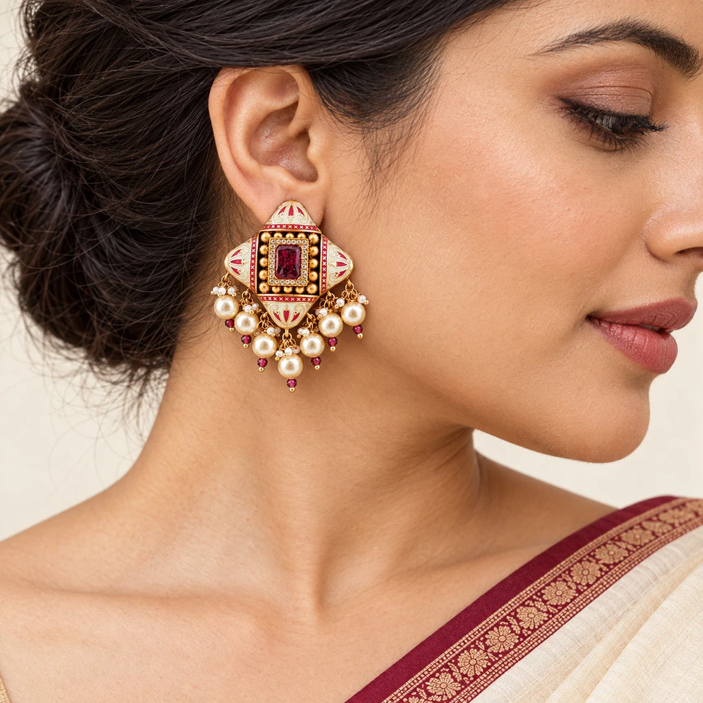 Close-up of an Indian model wearing a Kalindi ivory and ruby-colour earring with seven cream pearl-style drops and an ivory saree with a burgundy border.