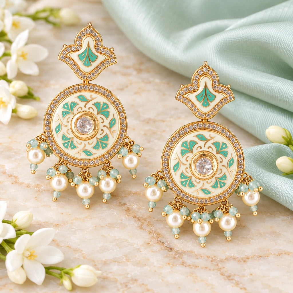 Pair of Kalpita ivory and mint floral drop earrings on cream stone beside pale mint silk and white jasmine flowers.