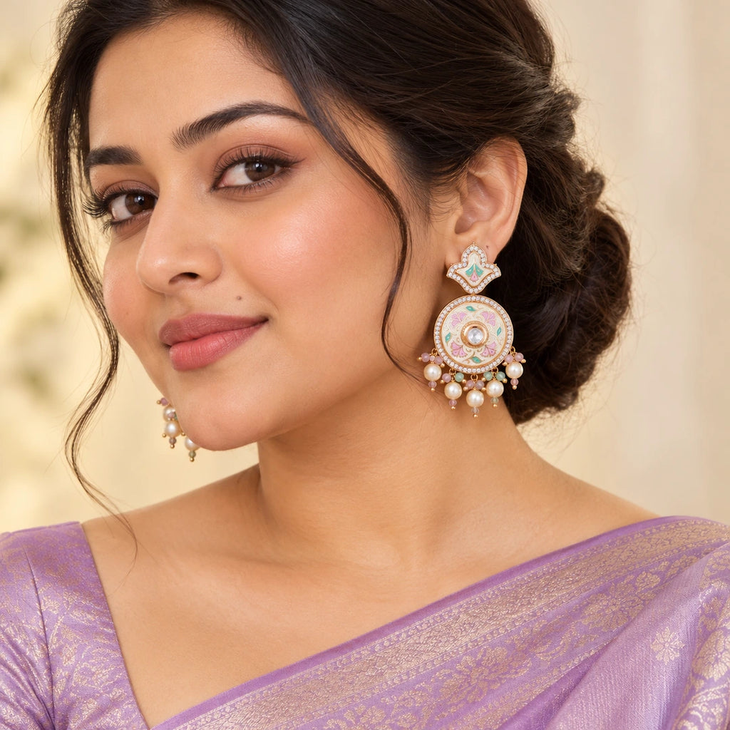 Indian model in a lavender saree wearing Kalpita ivory floral earrings with pink and mint details and cream pearl-style drops.