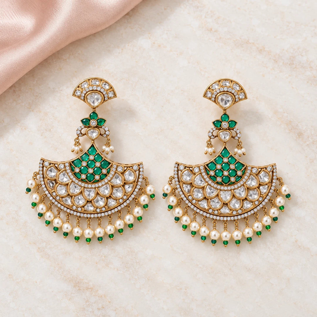 Pair of Kalyani green and pearl-style chandbali earrings on ivory stone beside blush fabric, showing lattice-style centres and clear teardrop stones.