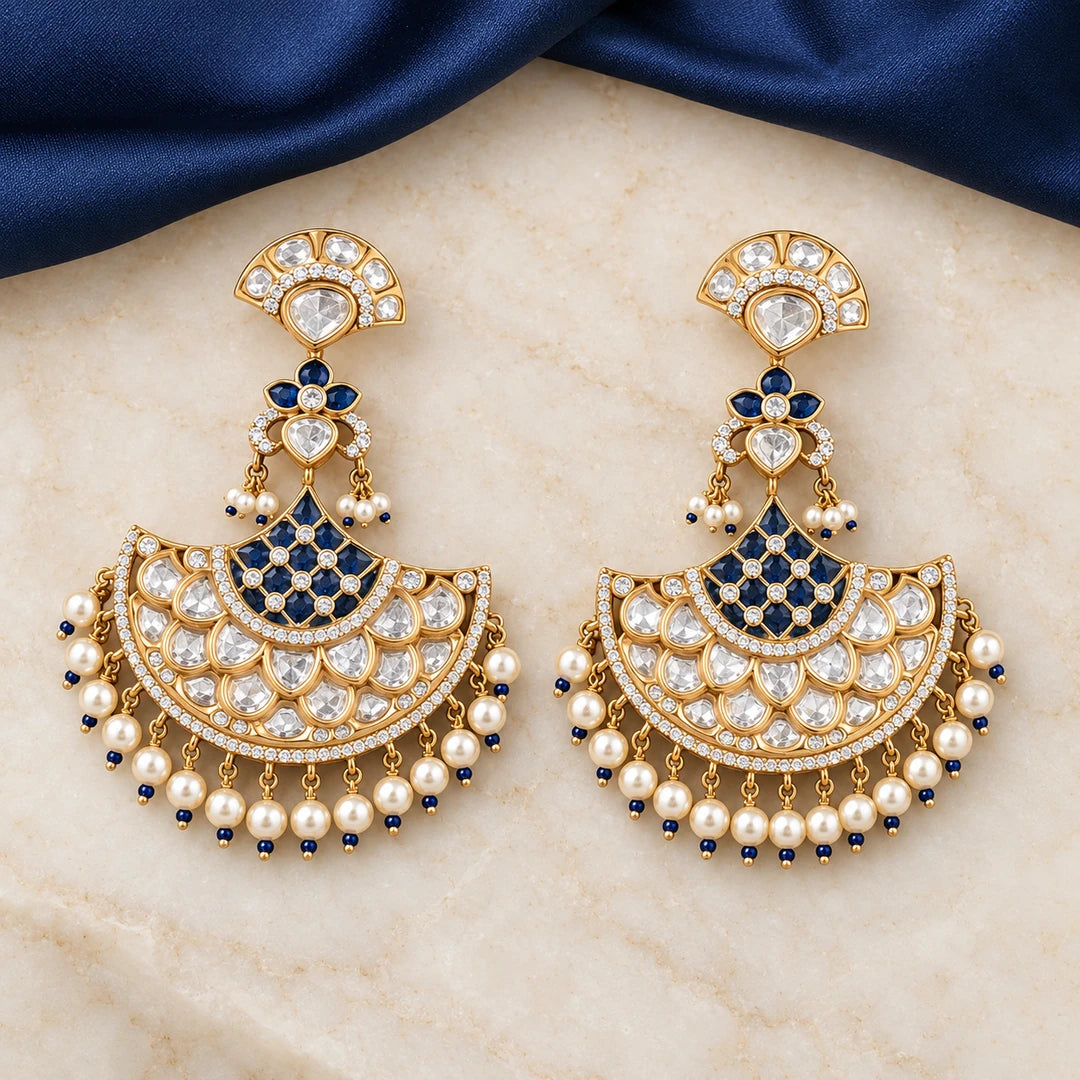 Pair of Kalyani navy-blue and pearl-style chandbali earrings on ivory stone beside navy fabric, showing lattice-style centres and clear teardrop stones.