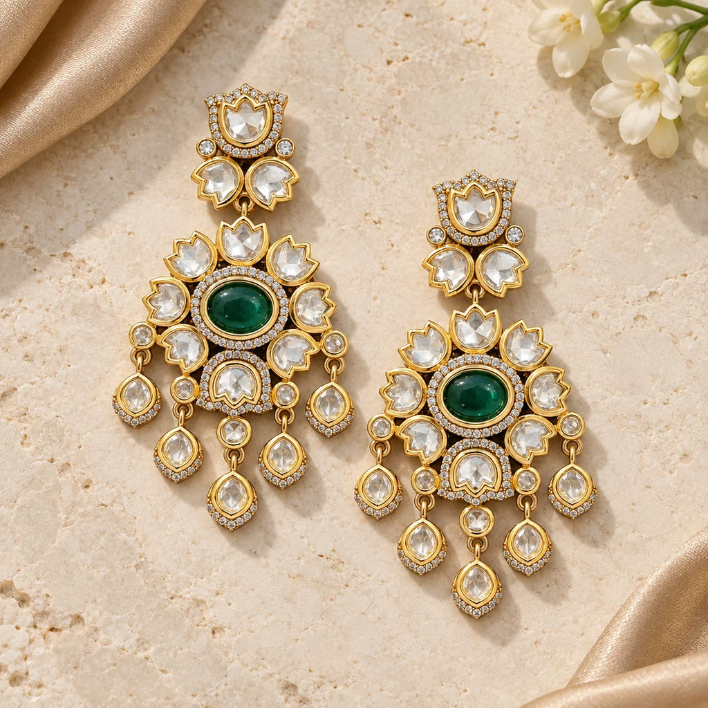 Pair of green floral chandelier earrings lying flat on pale stone beside champagne silk and white flowers.