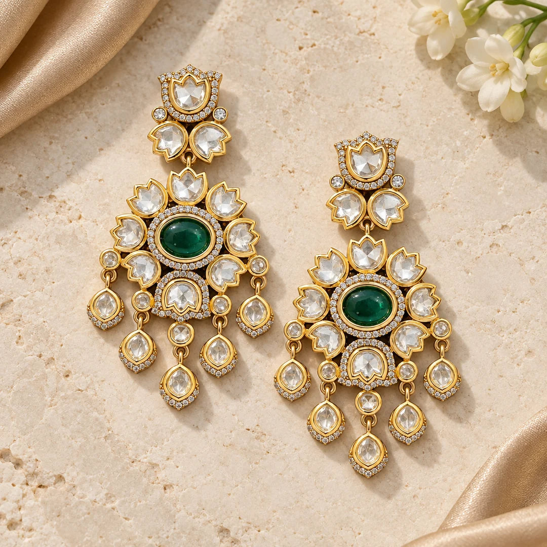 Pair of green floral chandelier earrings lying flat on pale stone beside champagne silk and white flowers.