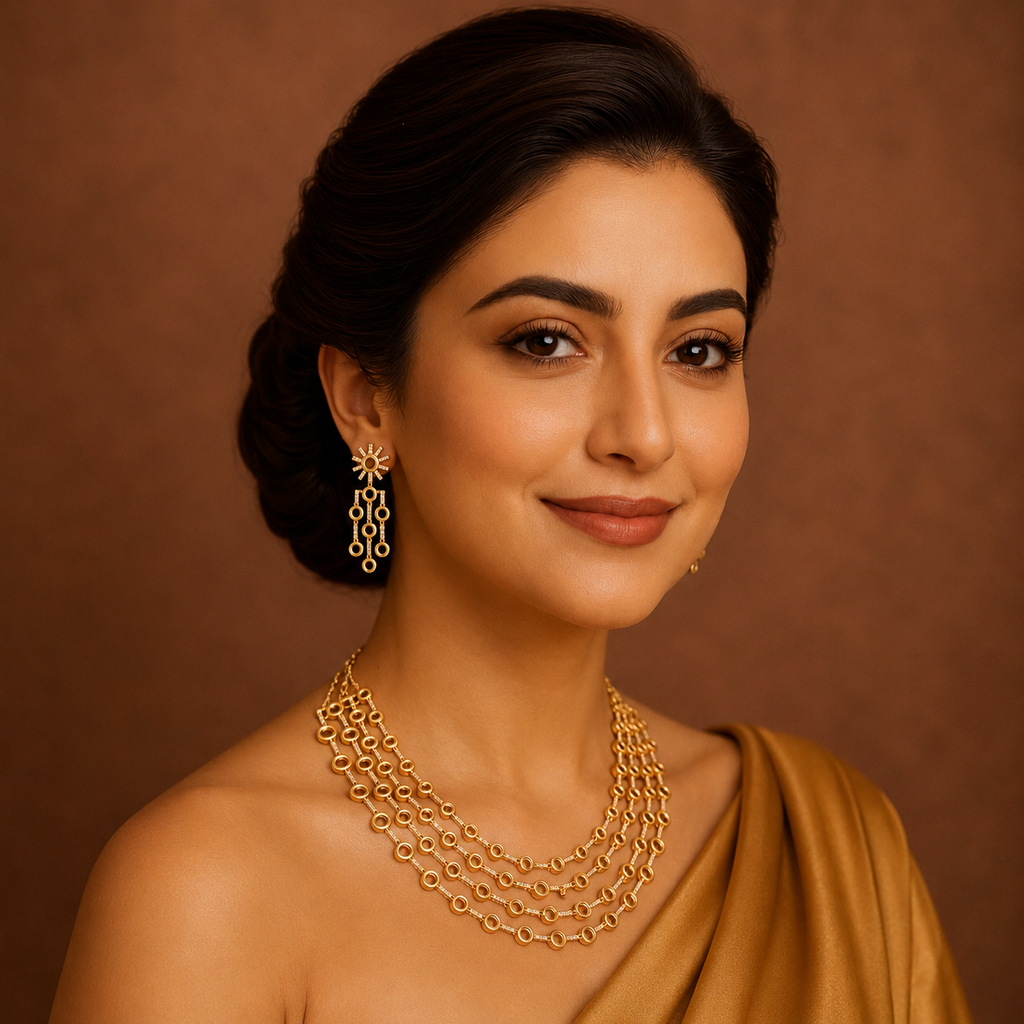 Kanika Gold Cascade Necklace Set with matching earrings
