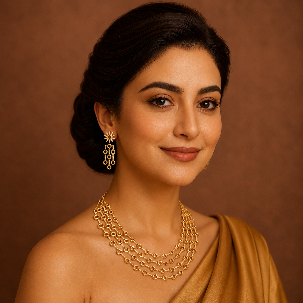 Kanika Gold Cascade Necklace Set with matching earrings