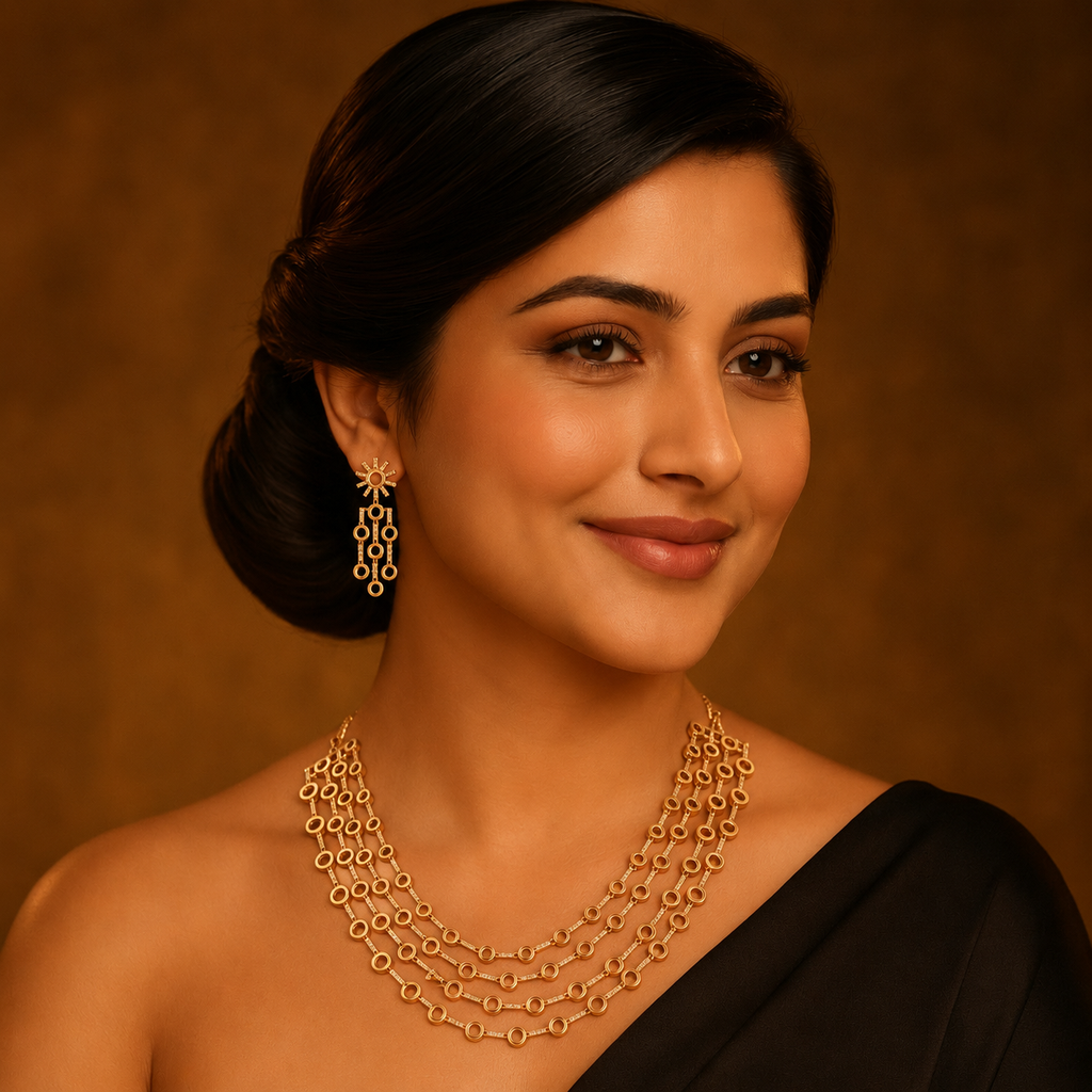 Kanika Gold Cascade Necklace Set on model