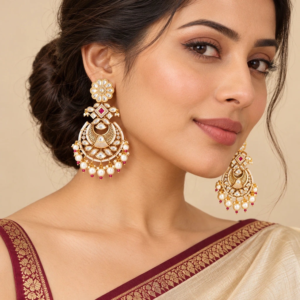 Model in an ivory saree with a burgundy border wearing Karishma ruby-colour and pearl-style chandbali earrings.