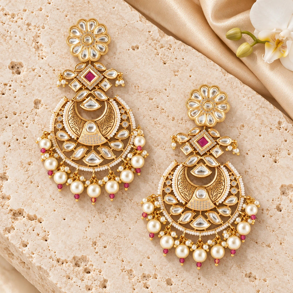 Pair of Karishma chandbali earrings with engraved gold-tone crescents and pearl-style drops on cream stone beside champagne silk and a white orchid.