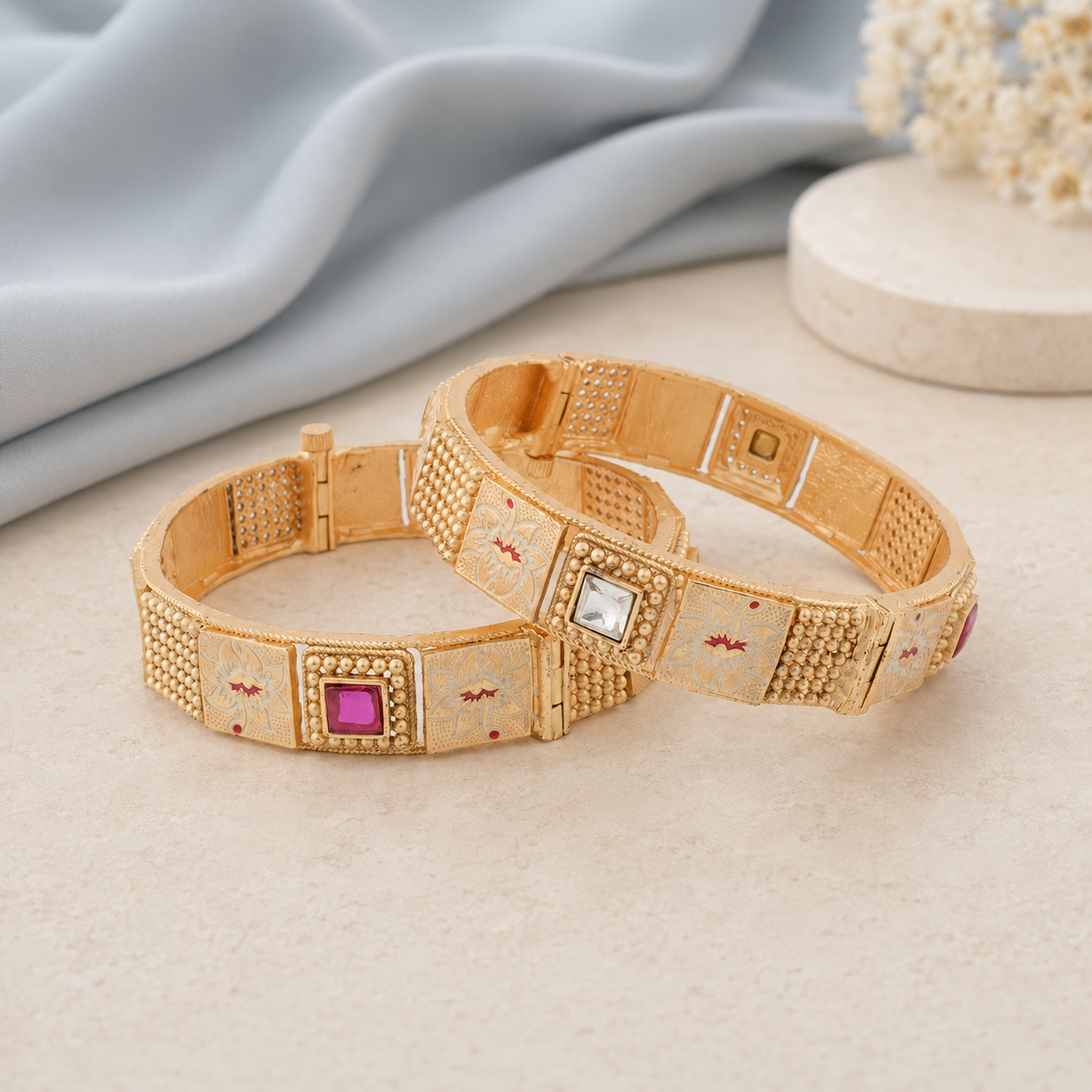 Kashvi gold floral Meenakari kada bangle set front view