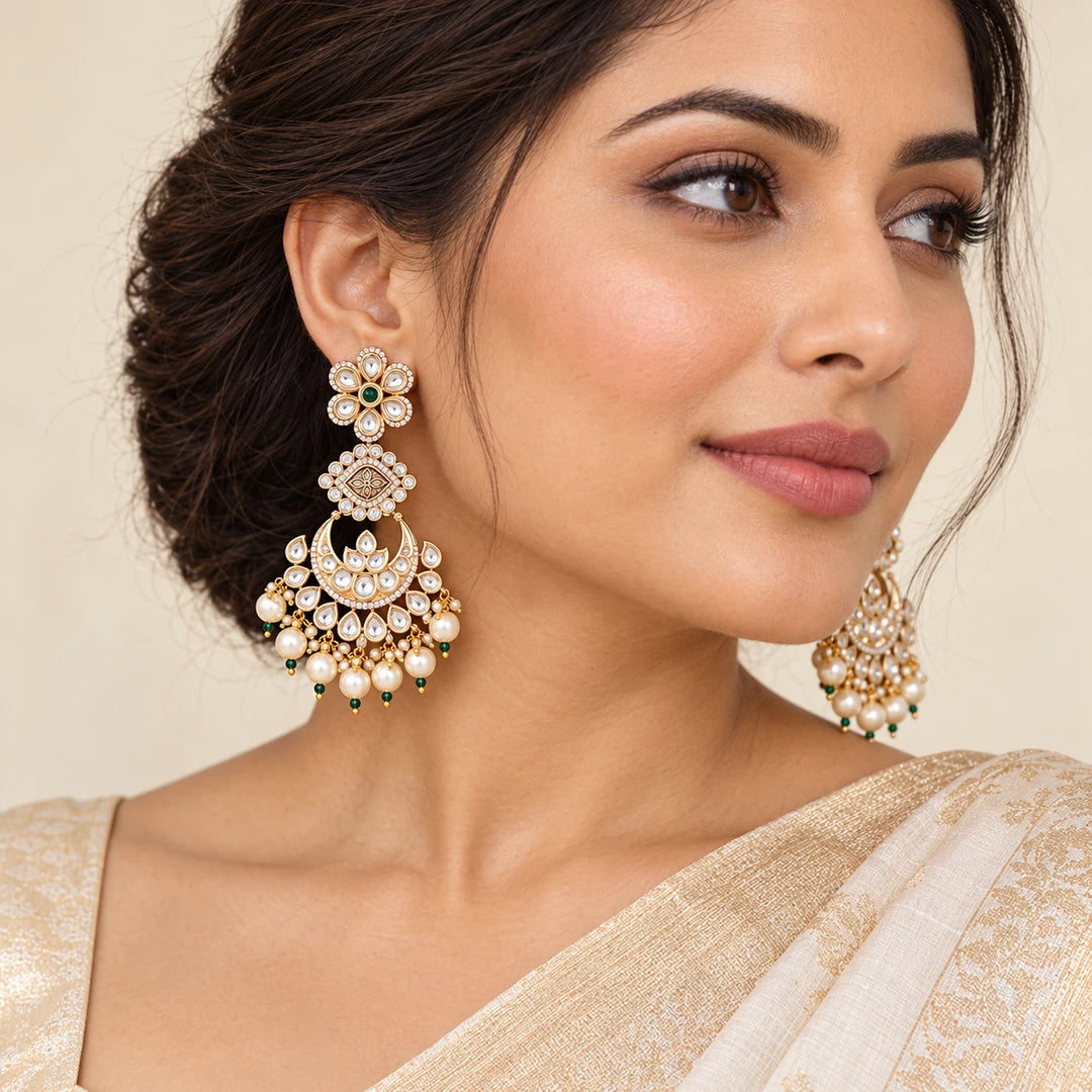 Indian model wearing Kaumudi floral chandbali earrings with green accents and cream pearl-style drops, styled with an ivory and gold saree.
