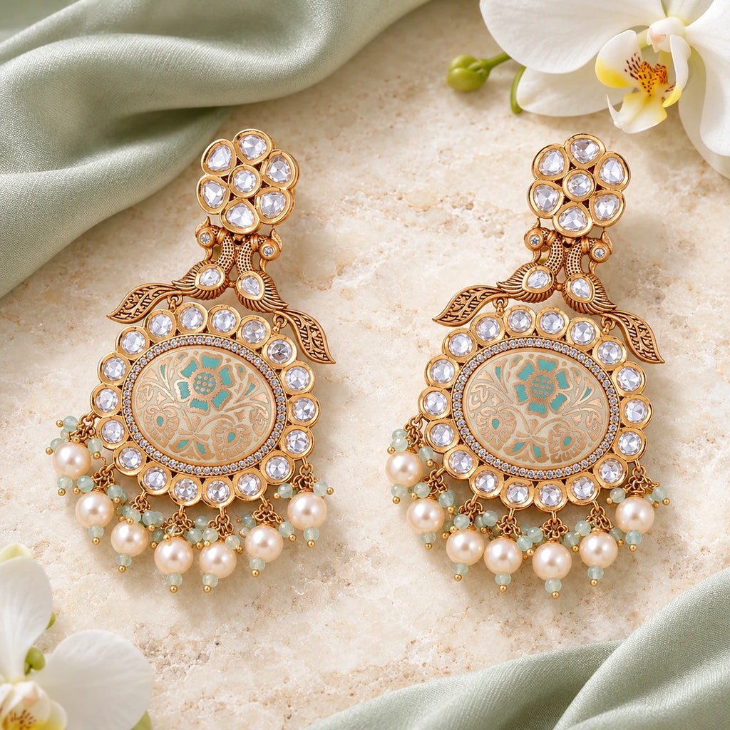 Pair of Kesara ivory and mint peacock earrings on cream stone beside sage silk and white orchids.