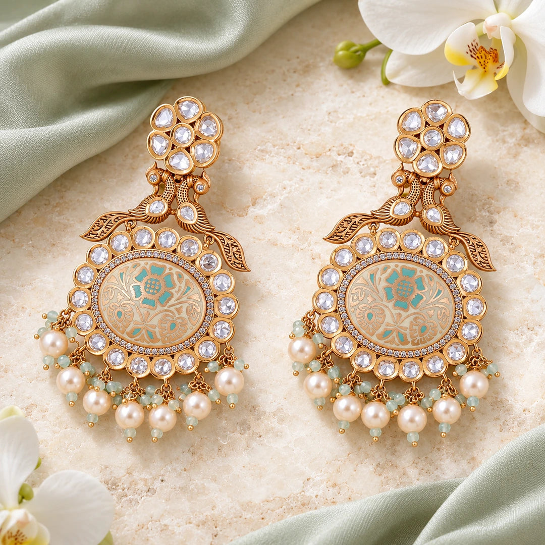 Pair of Kesara ivory and mint peacock earrings on cream stone beside sage silk and white orchids.