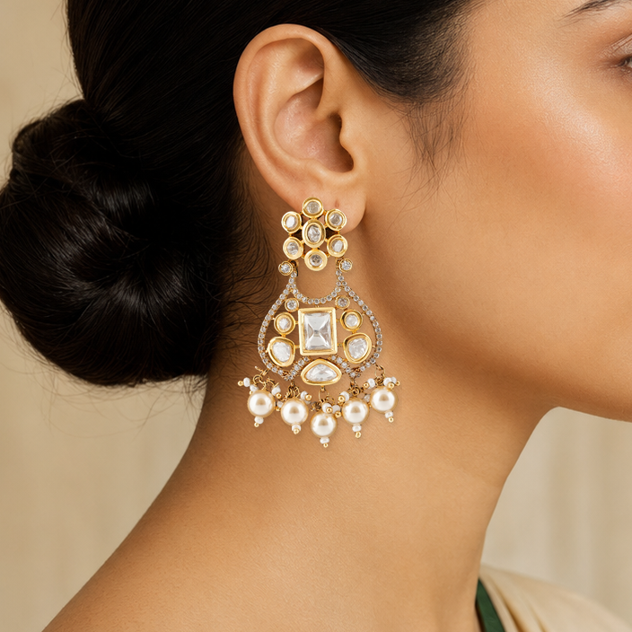Side-profile Indian model wearing an Advika Kundan pearl chandbali earring