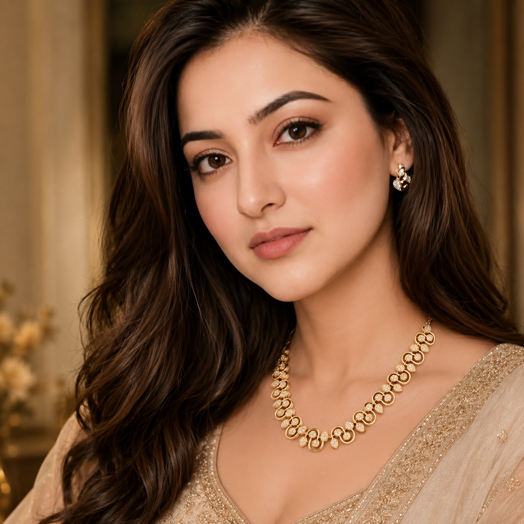 Kiara Gold Swirl Diamond Necklace Set on model