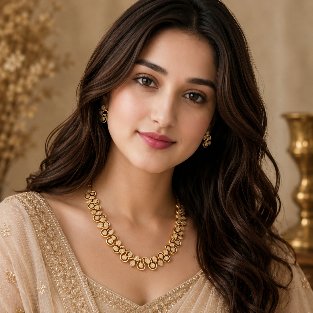 Kiara Gold Swirl Diamond Necklace Set close-up with matching earrings