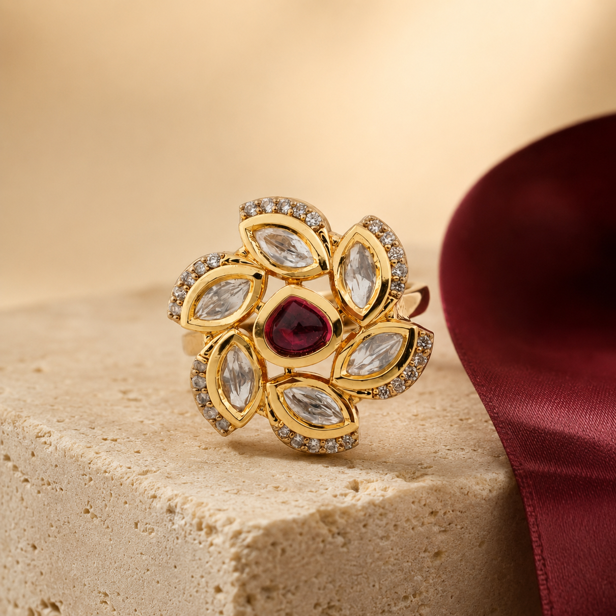 Floral cocktail ring with clear petals and ruby-red centre displayed beside burgundy fabric