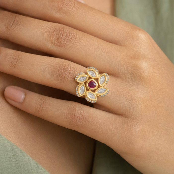Woman wearing a gold-tone floral statement ring with a ruby-red centre