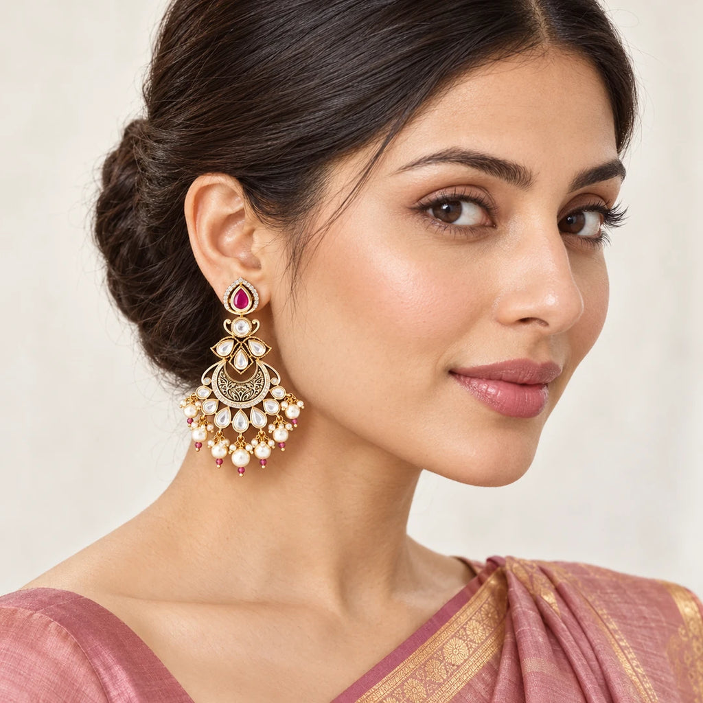 Kumudini Ruby-Colour & Pearl-Style Chandbali Earrings