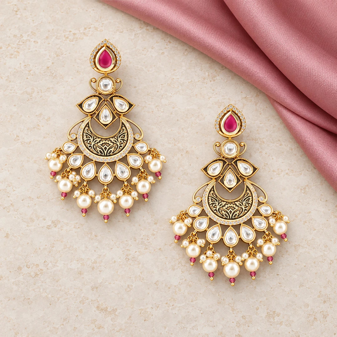 Kumudini Ruby-Colour & Pearl-Style Chandbali Earrings