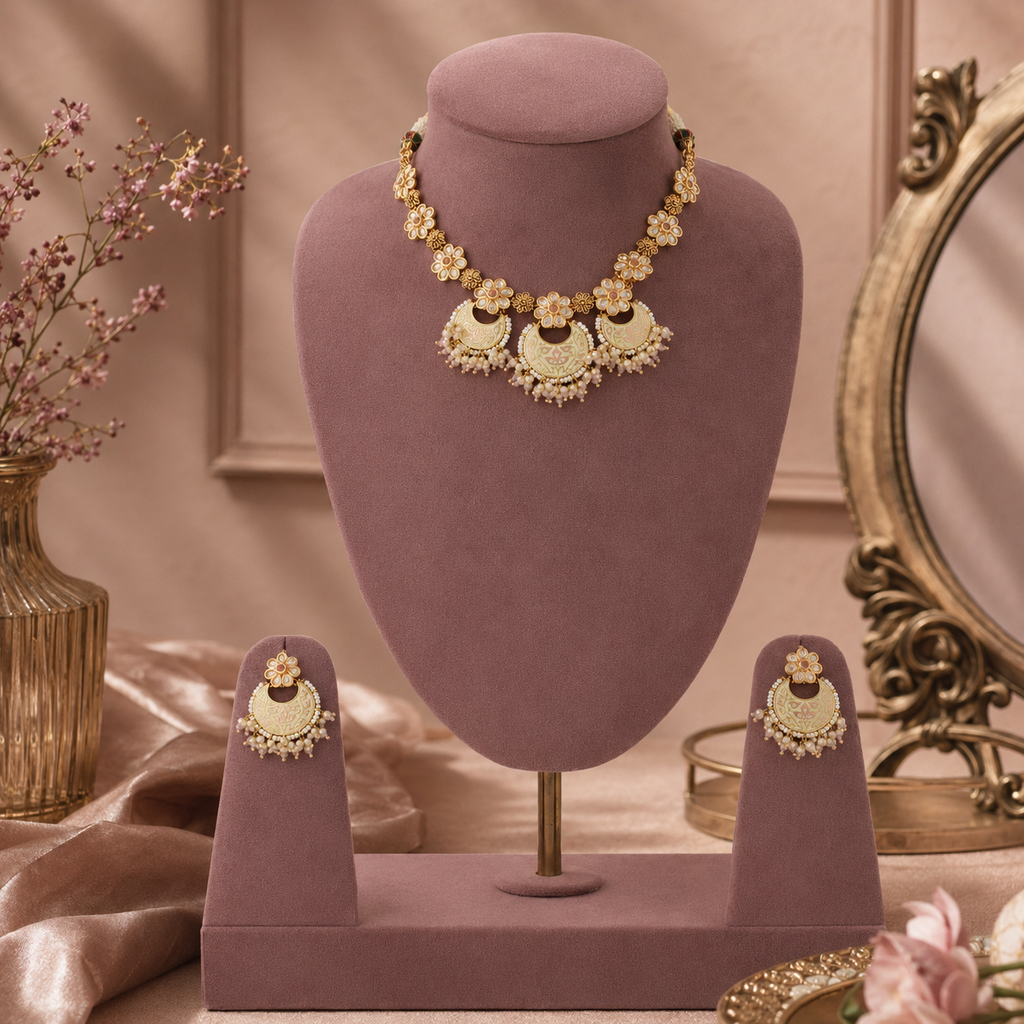 Kusuma Meenakari Pearl Necklace Set with matching earrings