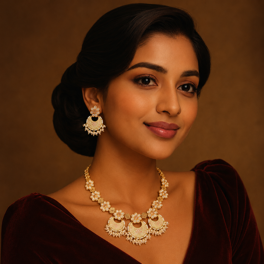 Kusuma Meenakari Pearl Necklace Set on model