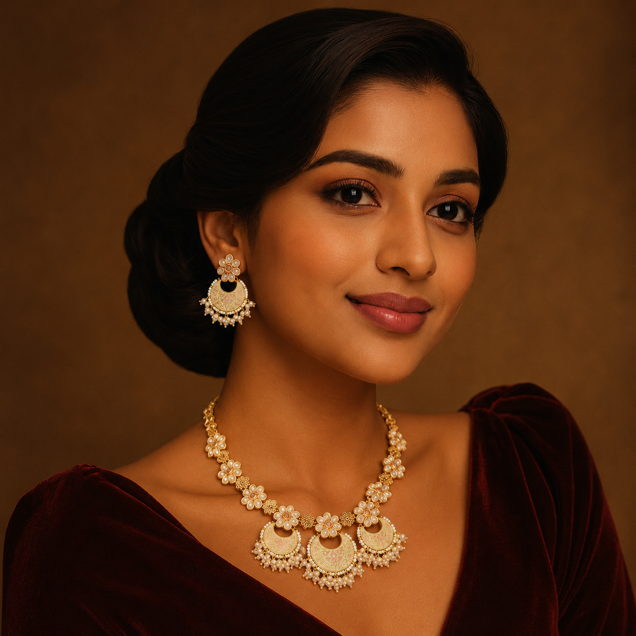 Kusuma Meenakari Pearl Necklace Set on model