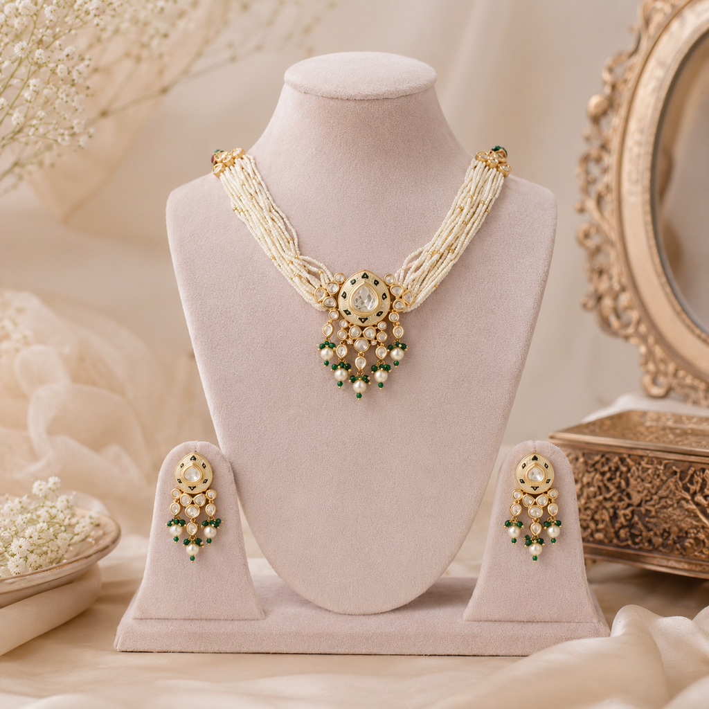 Madhavi Meenakari Pearl Necklace Set with matching earrings