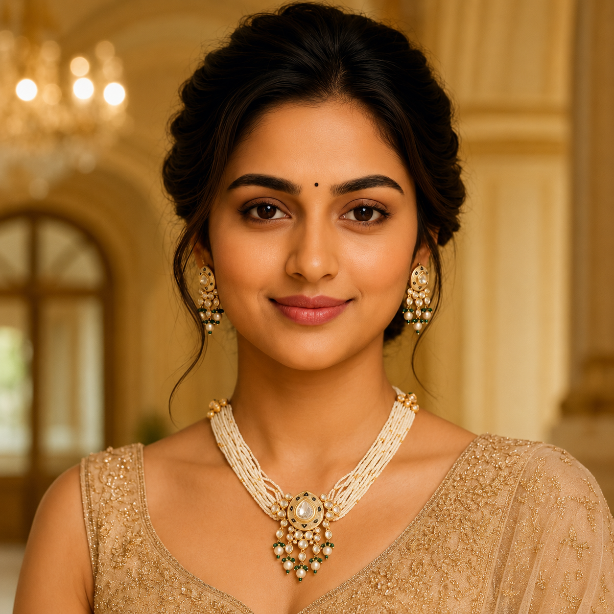 Madhavi Meenakari Pearl Necklace Set on model