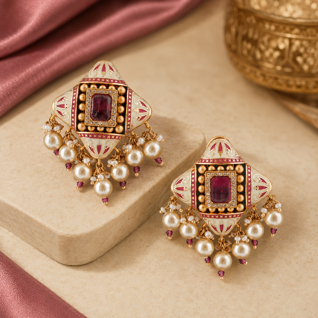Maharika ruby and ivory Meenakari-style pearl earrings displayed on ivory stone with muted ruby silk