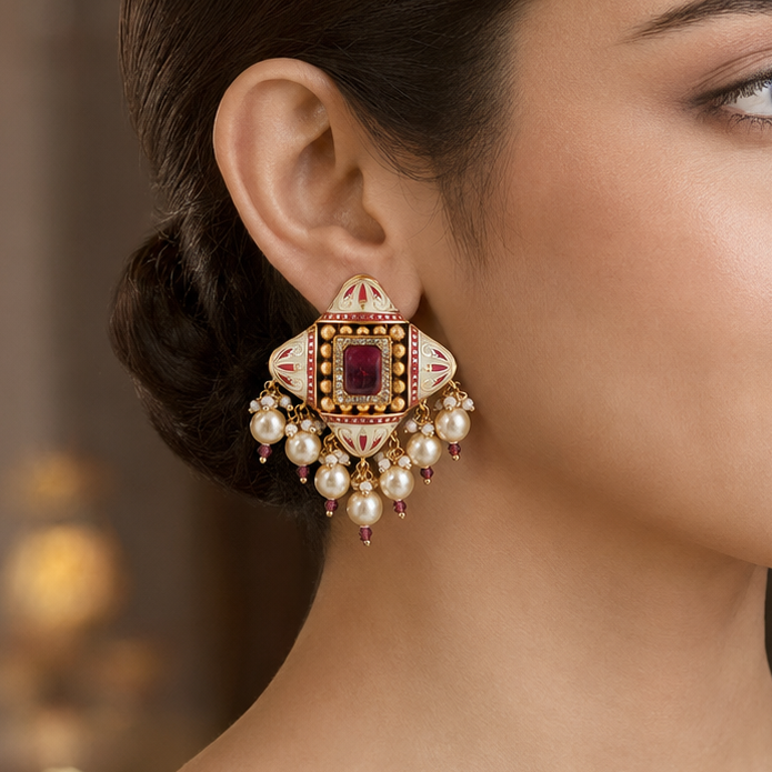 Model wearing a realistically sized Maharika ruby and ivory Meenakari-style pearl statement earring