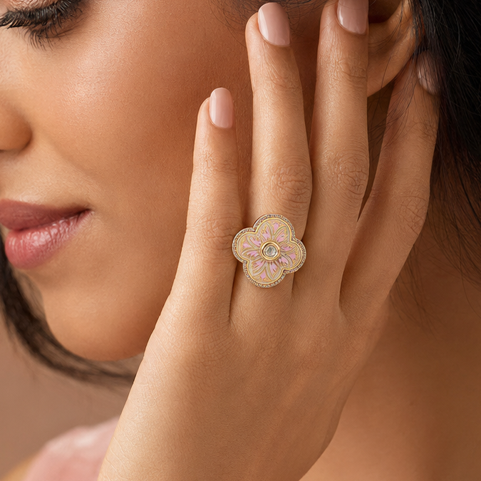 Pastel floral finger ring for women styled with an elegant outfit