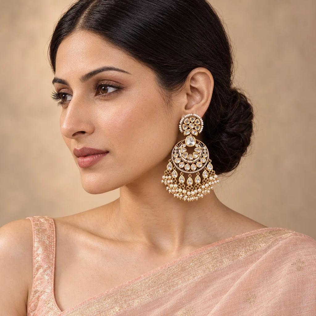 Indian model in a peach saree wearing a Mallika chandbali earring with clear stones and an ivory pearl-look fringe.
