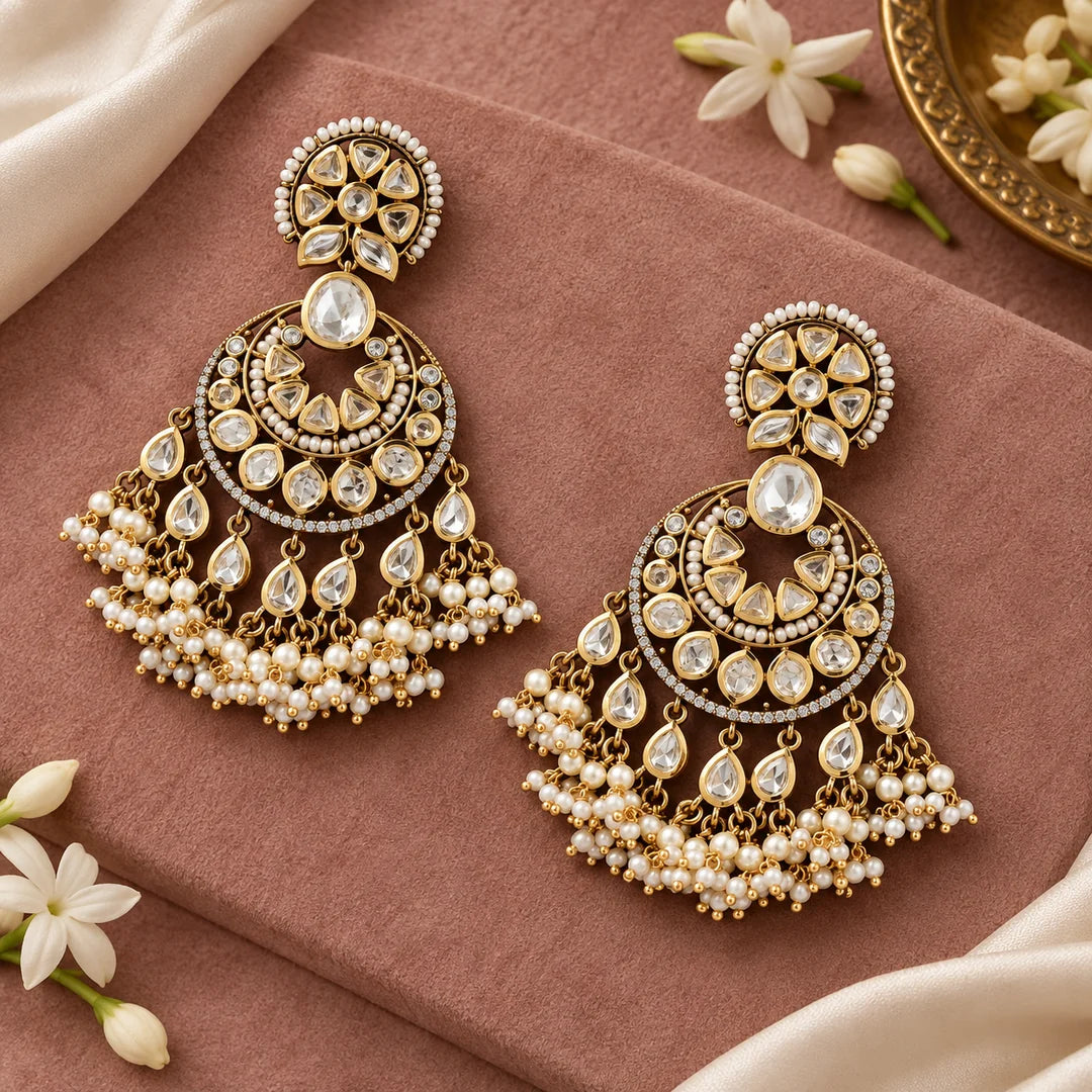 Pair of Mallika pearl fringe chandbali earrings on a dusty rose display with ivory silk, jasmine flowers and a brass dish.
