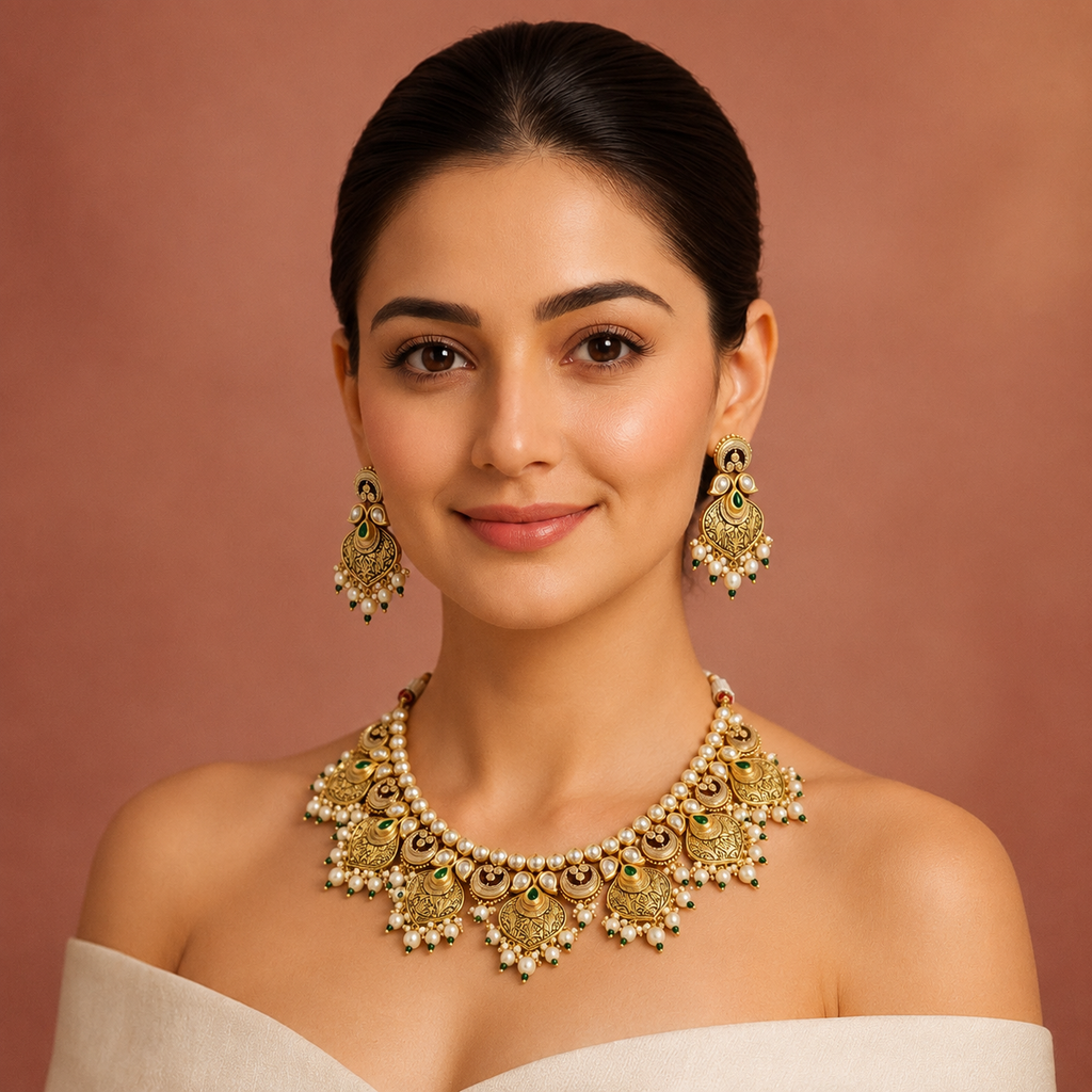 Model wearing Mayurika antique necklace set with emerald-green stones and white moti drops