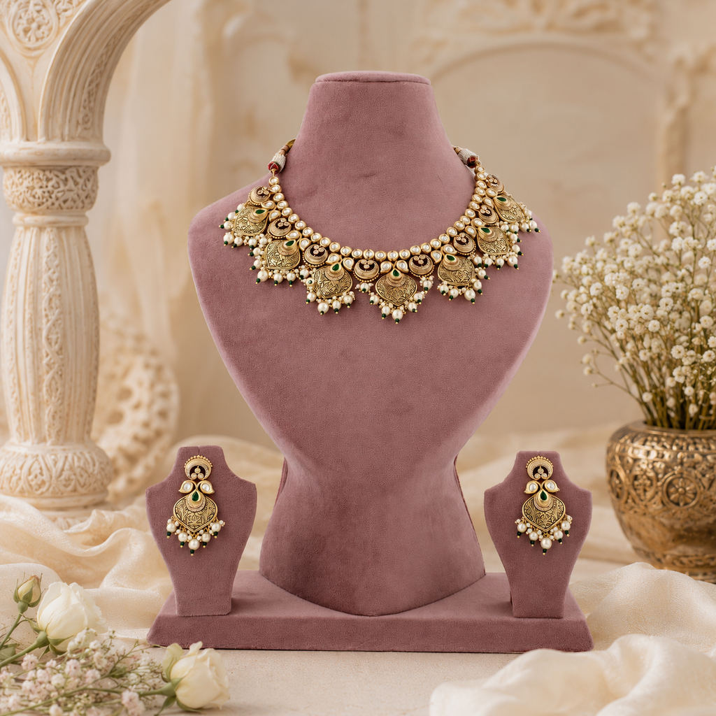 Antique gold artificial necklace set with diamond-look stones, green accents and moti detailing