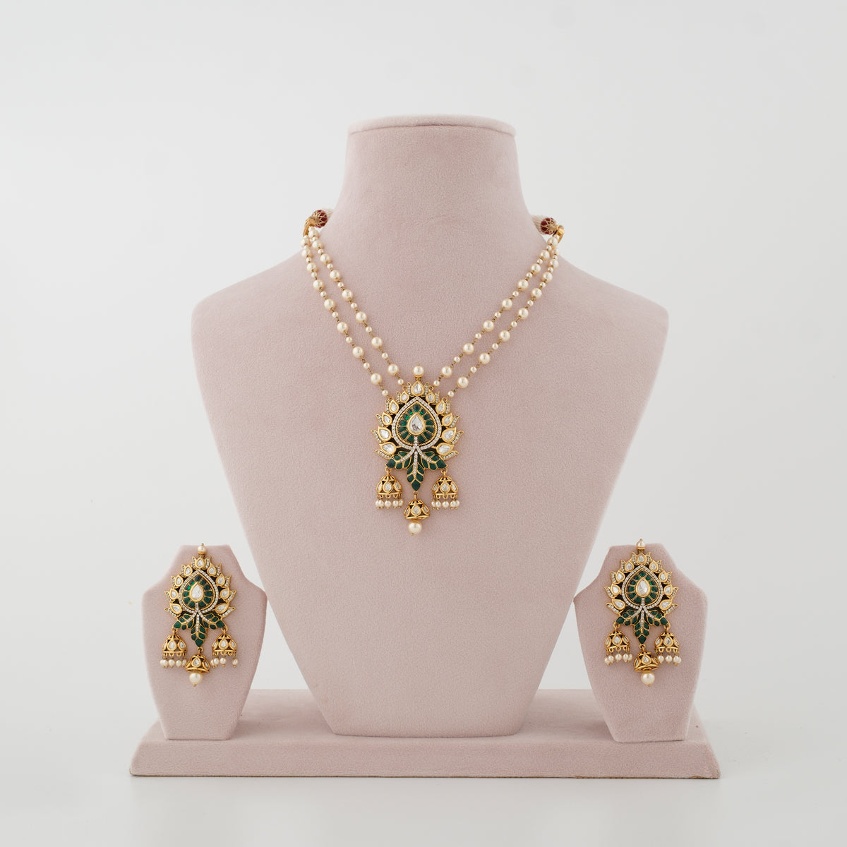 Mayurika green meenakari double-strand moti necklace set with matching earrings