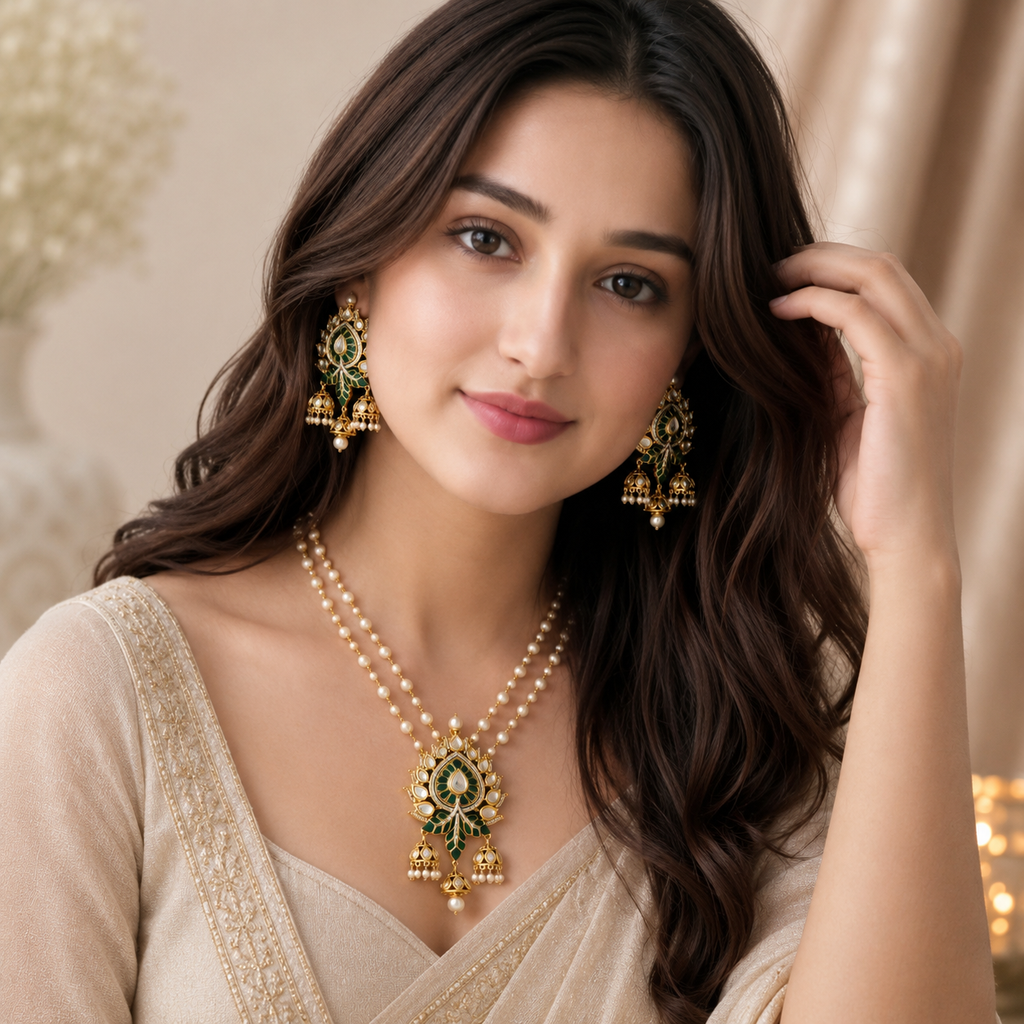 Model wearing green meenakari pearl necklace and matching jhumka earrings