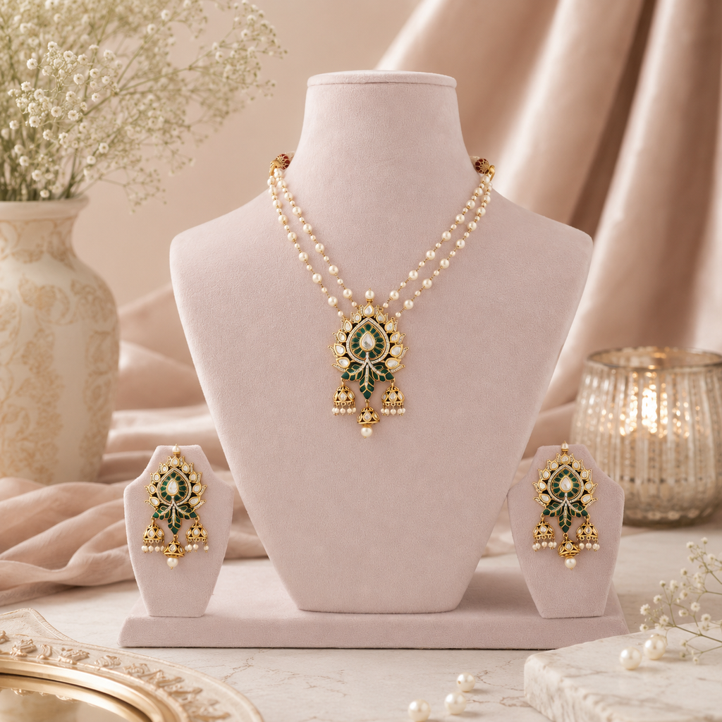 Traditional green Kundan meenakari necklace with white moti strands and pearl drops