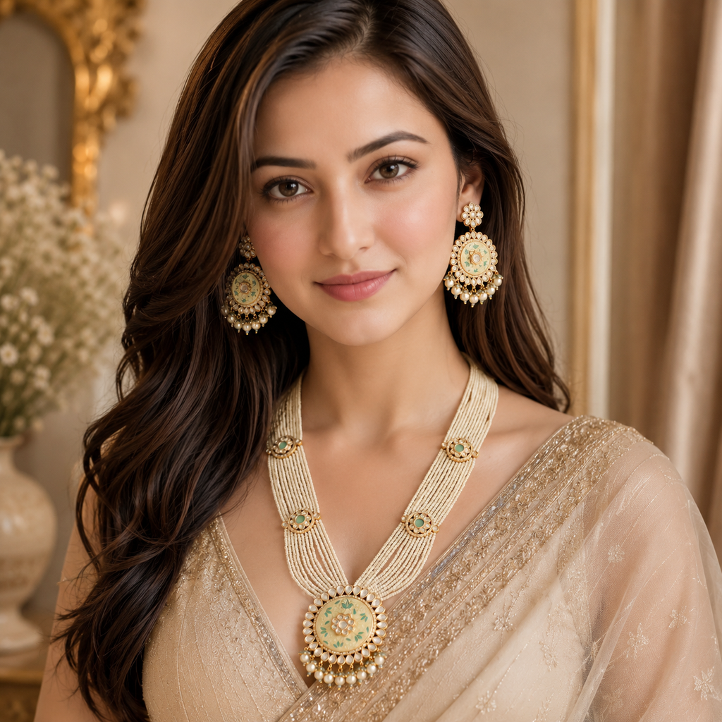 Model wearing Meher mint-green artificial Rani Haar set with matching earrings