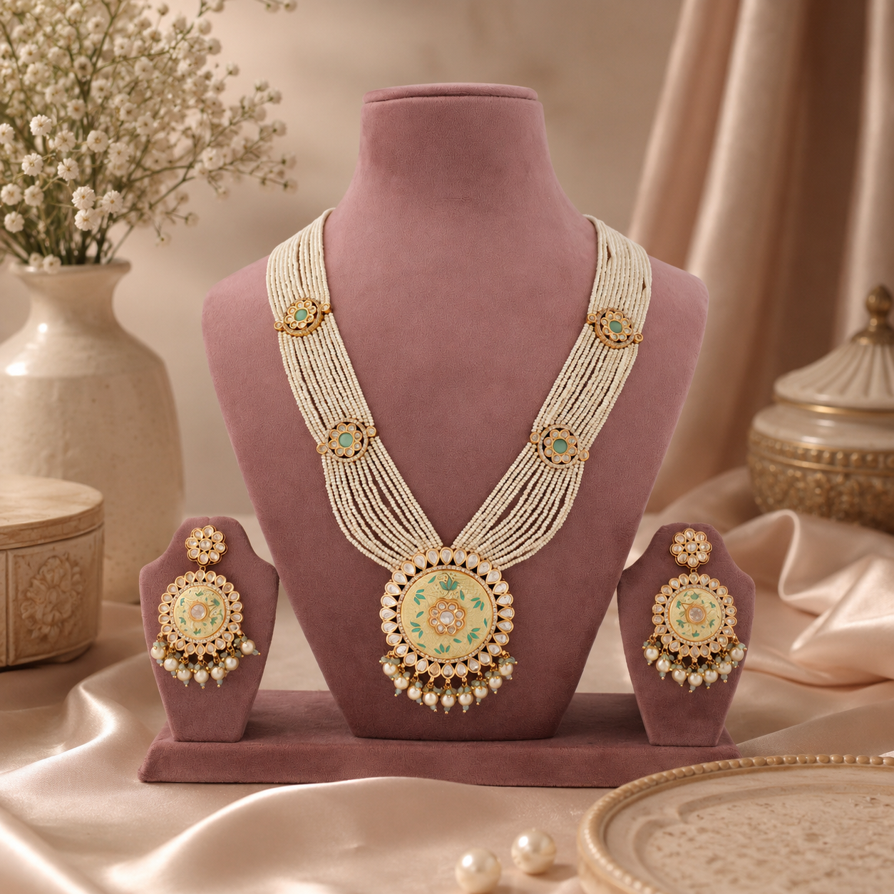 Mint-green long necklace set with circular pendant, pearl-look drops and matching earrings