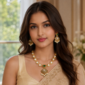 Model wearing Meherika emerald antique necklace set with white moti drops and statement earrings