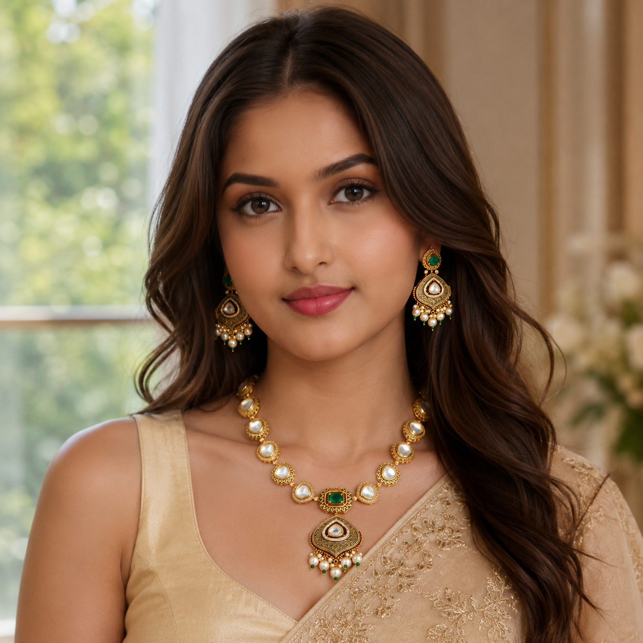 Model wearing Meherika emerald antique necklace set with white moti drops and statement earrings