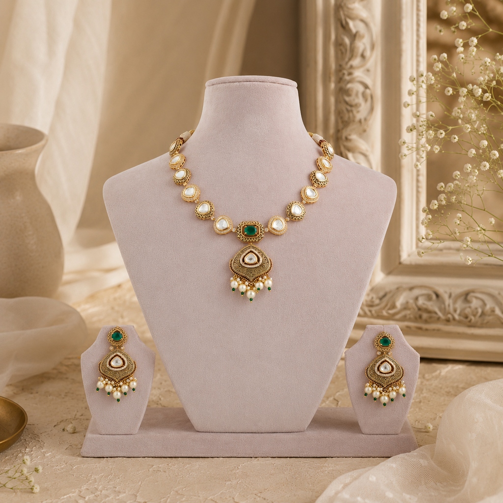 Antique gold imitation necklace set with emerald-green stones, clear stones and pearl-look drops