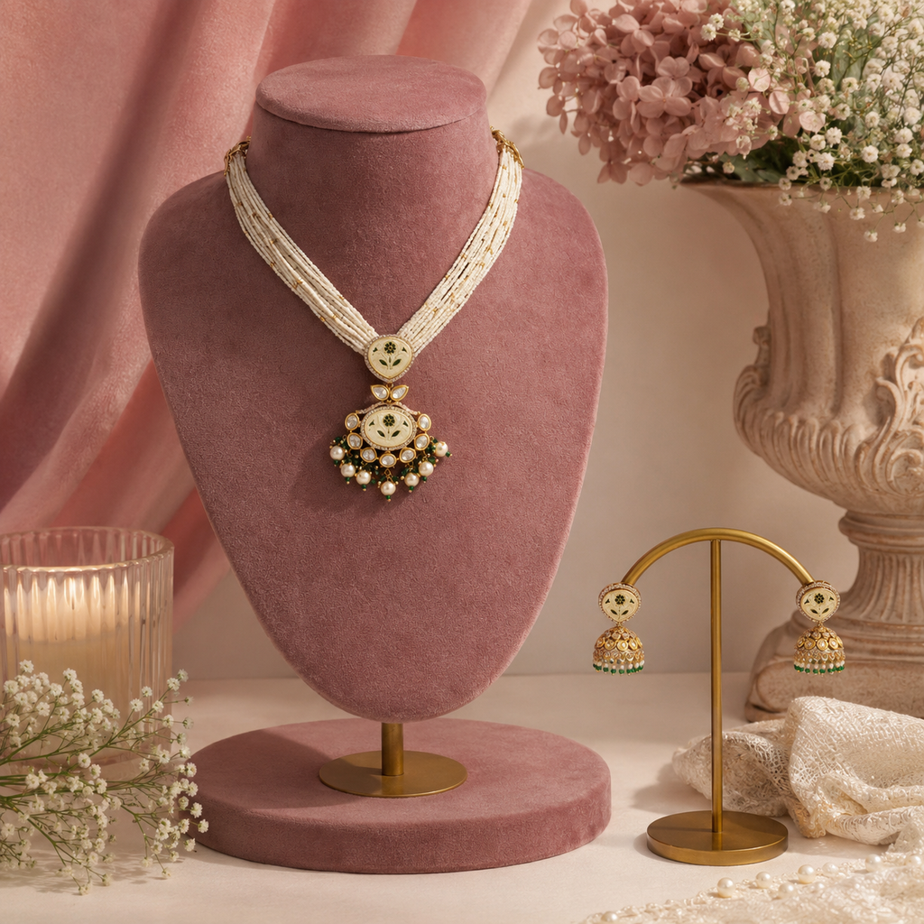 Mihika Pearl Meenakari Necklace Set with diamond look stones and hanging pearls