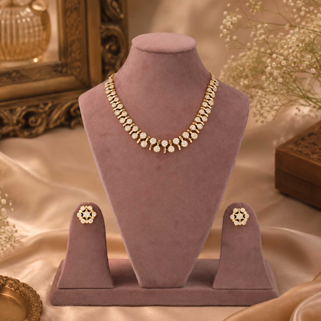 Miraaya Diamond Delicate Necklace Set with diamond-look stones by Zoi Craft