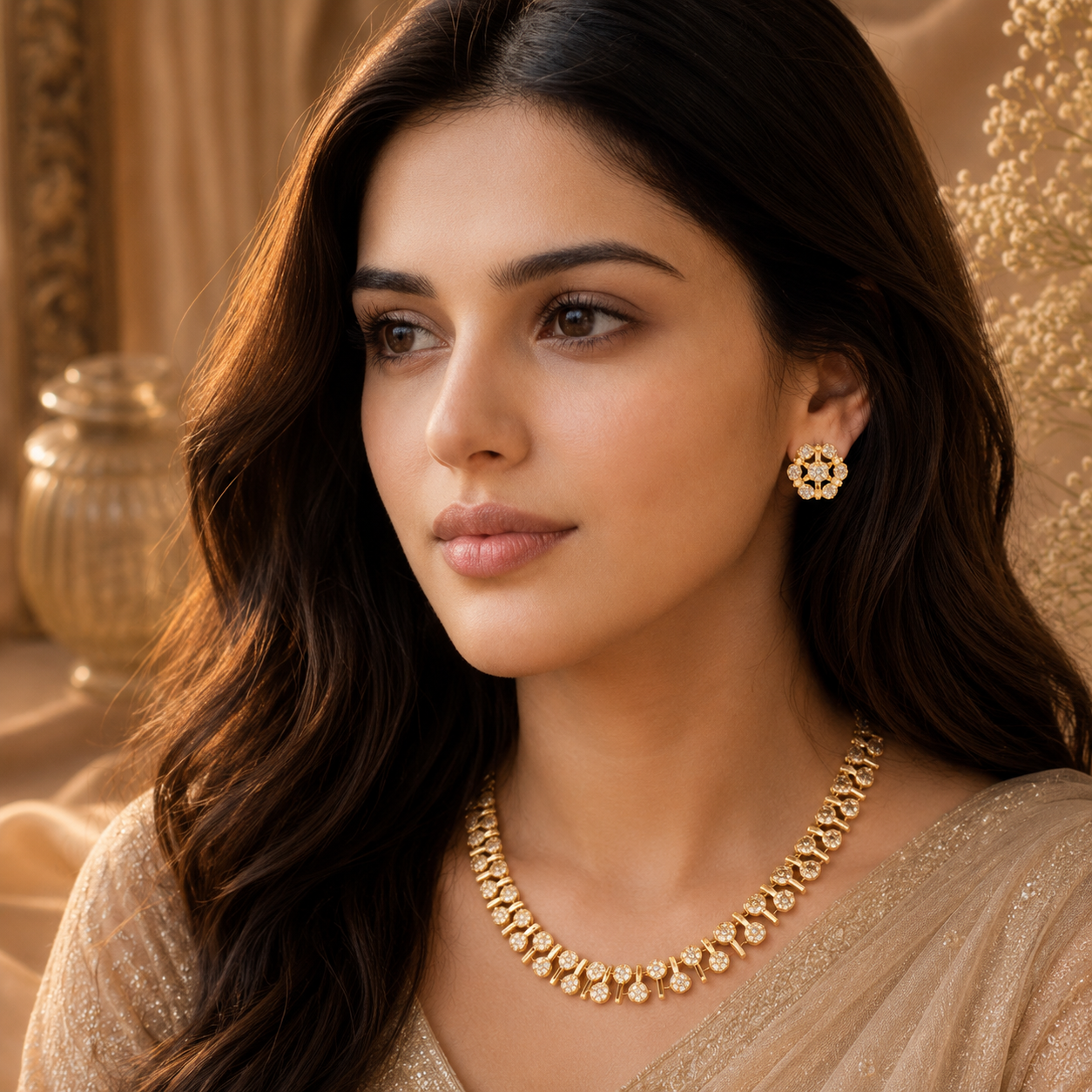 Miraaya Diamond Delicate Necklace Set on model with matching earrings
