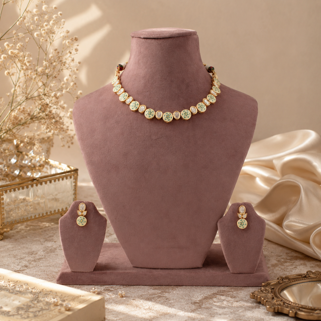Mint meenakari diamond-look choker set with matching earrings
